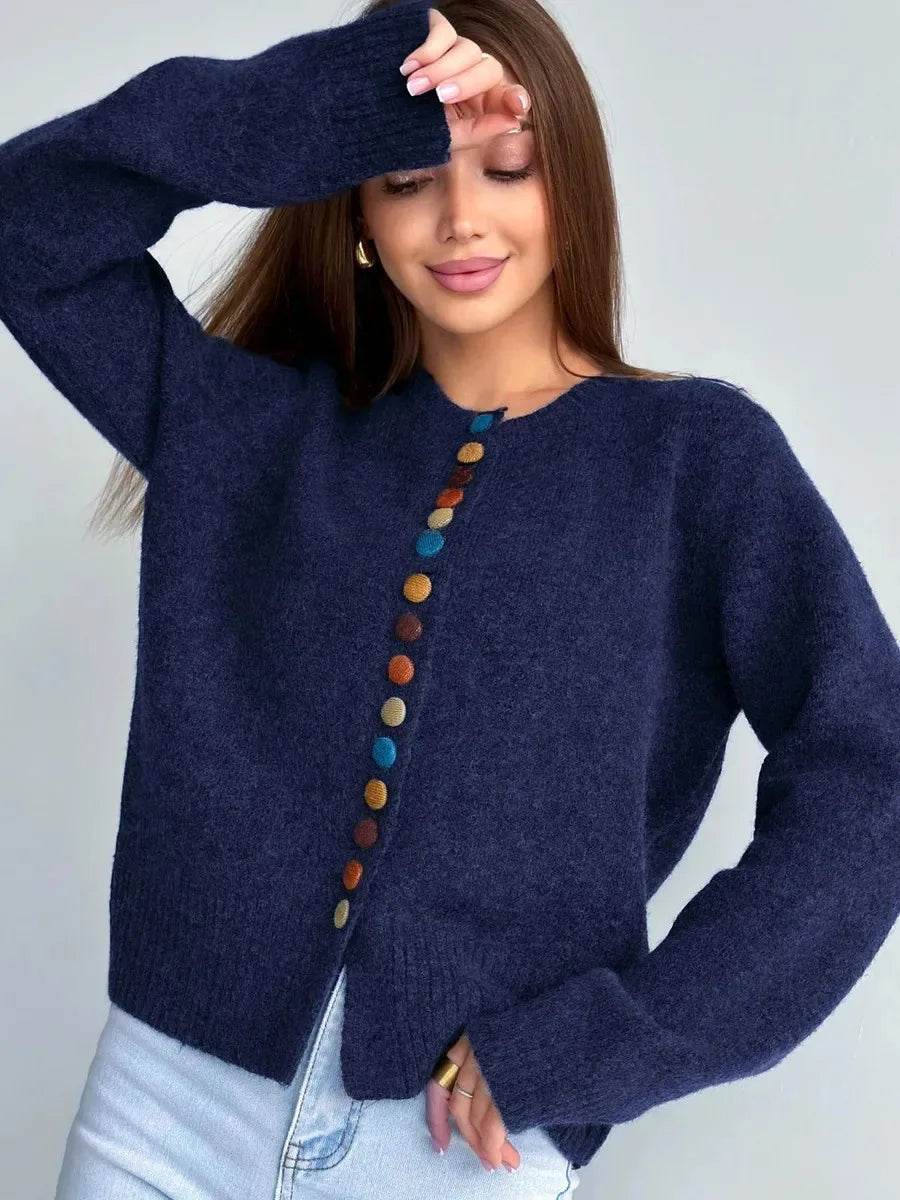 Lisette | Long Sleeve Round Neck Rainbow Button Cardigan