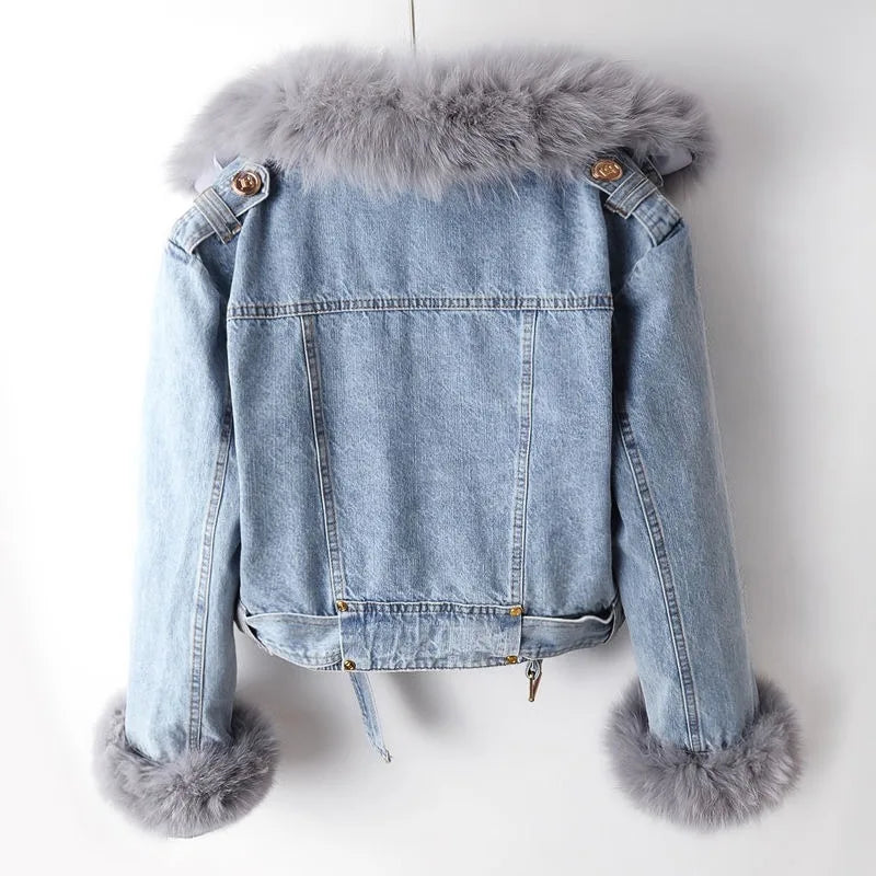 Women's Cropped Denim Biker Jacket with Plush Faux Fur Collar and Cuffs – Warm Lined Winter Outerwear with Asymmetric Zip Fastening and Adjustable Waist Belt for Elegant Casual Autumn and Winter Streetwear