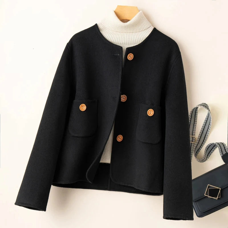 Women's Elegant Cropped Wool Blend Jacket with Round Neck and Button Front – Relaxed Fit Short Tailored Outerwear with Patch Pockets and Long Sleeves for Smart Casual Office Wear and Autumn Spring Layering
