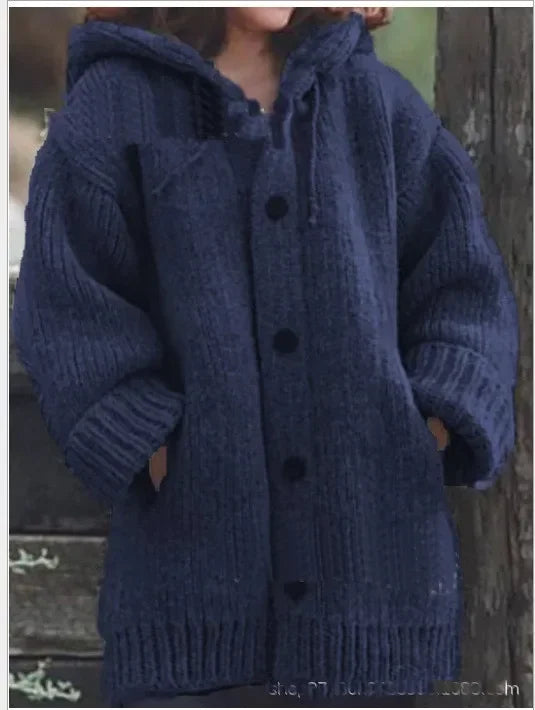 Women's Chunky Knit Hooded Cardigan with Oversized Collar and Large Button Front – Relaxed Fit Longline Knitted Sweater with Deep Pockets and Ribbed Cuffs for Cosy Autumn and Winter Everyday Wear
