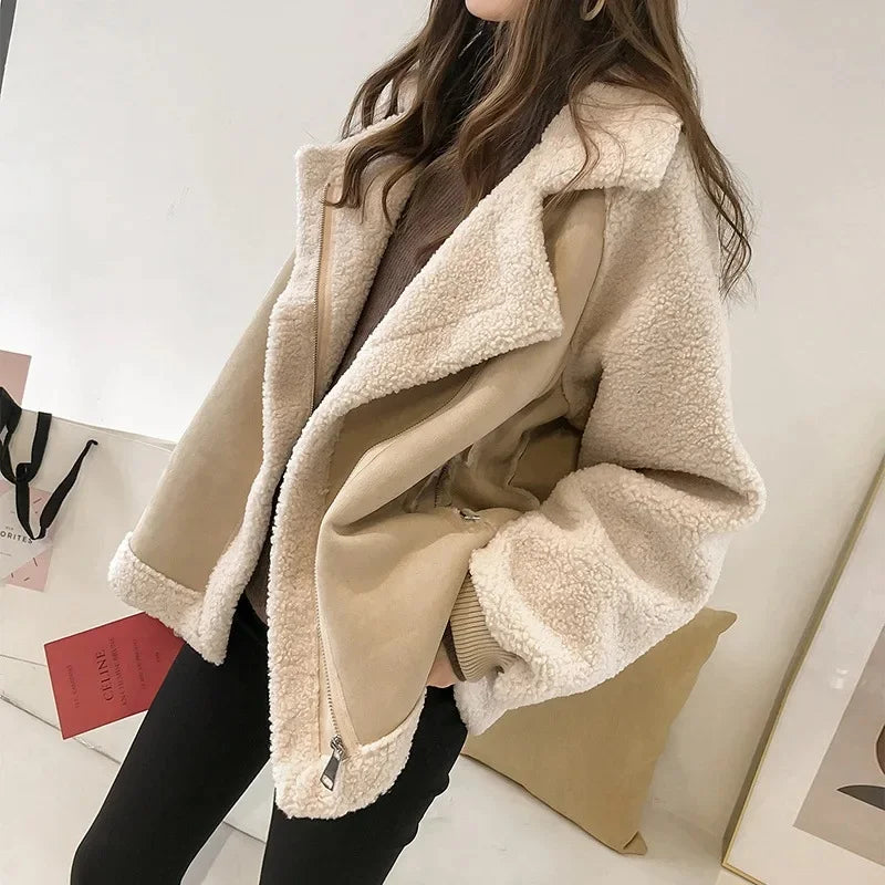 Women's Faux Shearling Aviator Jacket | Suede Biker Coat