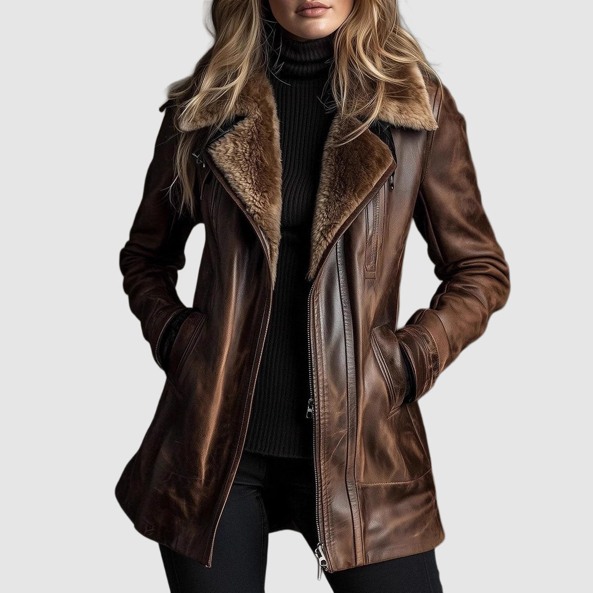 Samara | Shearling Collar Zip-Front Leather Jacket