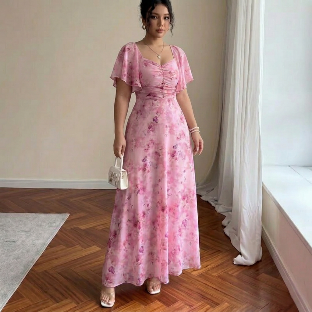 Women’s Floral Ruched Flutter Sleeve Maxi Dress