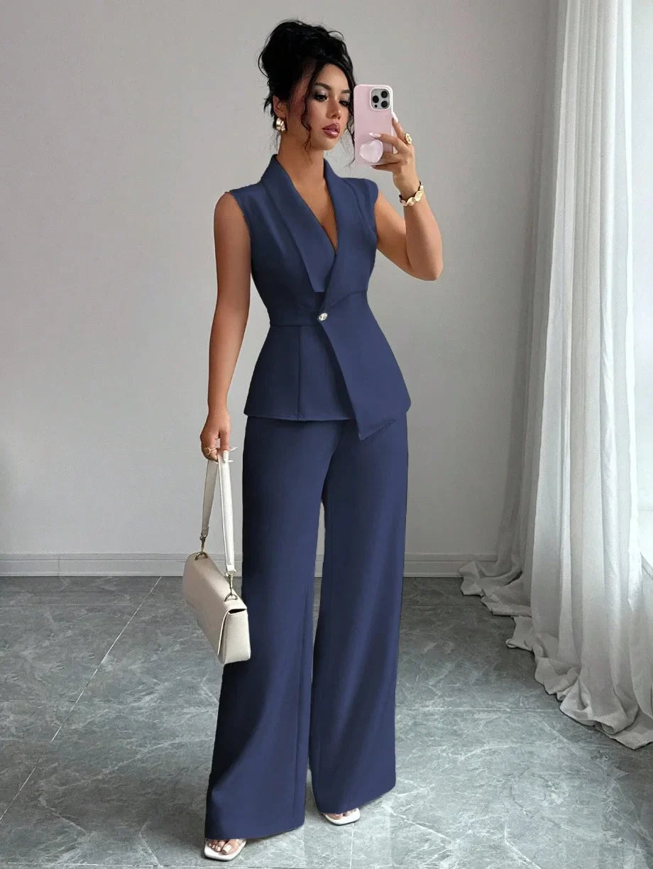 Women's Two Piece Sleeveless Wide Leg Pants Set