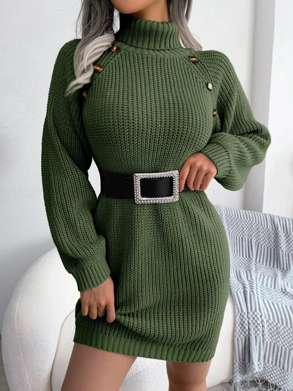Women’s Ribbed Knitted Sweater Dress with Roll Neck and Decorative Shoulder Buttons – Soft Mini Style with Full Sleeves for Autumn and Winter Dressing