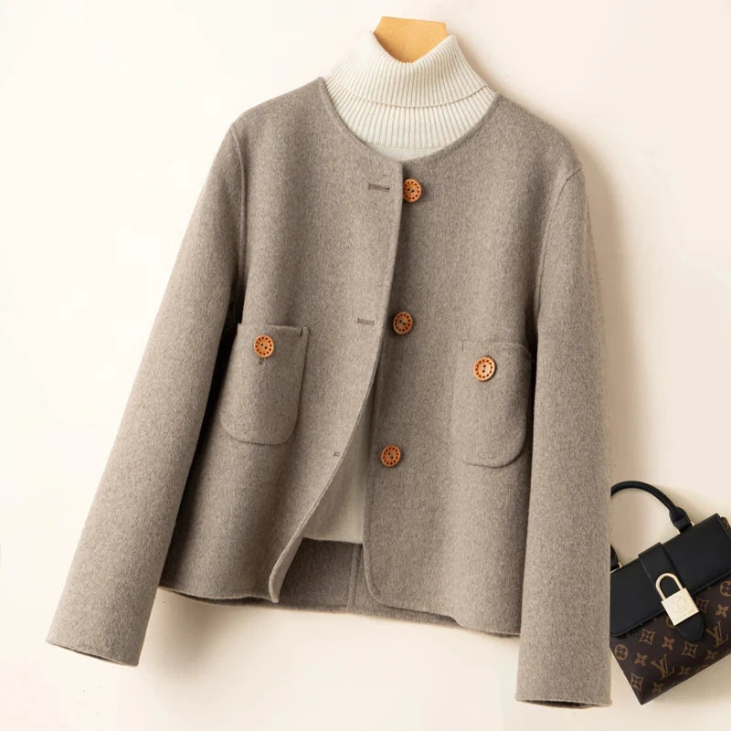 Women's Elegant Cropped Wool Blend Jacket with Round Neck and Button Front – Relaxed Fit Short Tailored Outerwear with Patch Pockets and Long Sleeves for Smart Casual Office Wear and Autumn Spring Layering