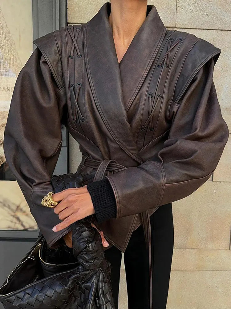 Women's Belted Leather Jacket with Wrap Front and Structured Shoulders – Elegant Short Outerwear for Smart Casual Autumn Styling and Statement Everyday Wear