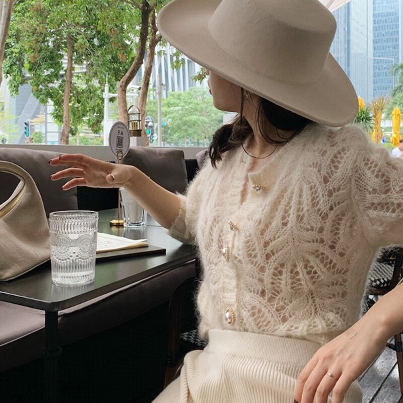 Women’s Delicate Openwork Lace Knit Cardigan with Decorative Buttons – Lightweight Elegant Layer for Spring and Summer