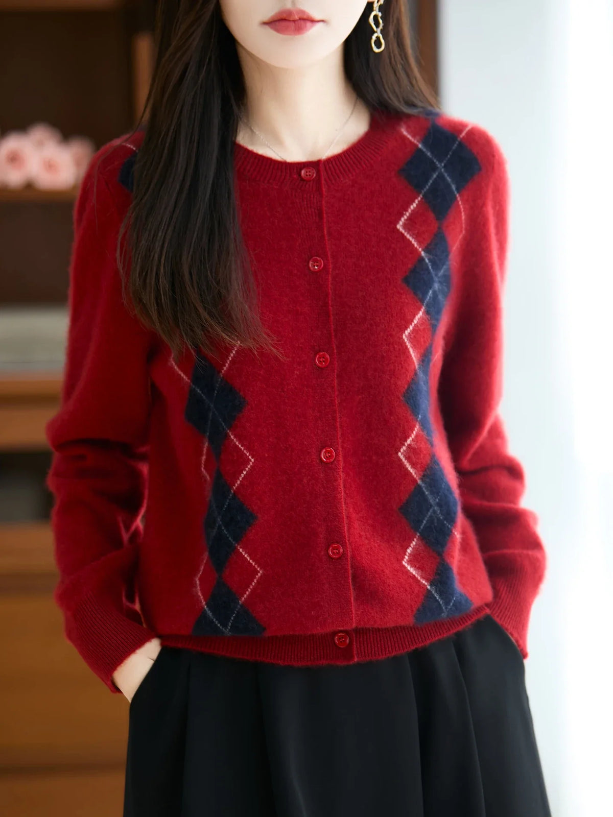 Trieste Argyle Merino Wool Blend Cardigan