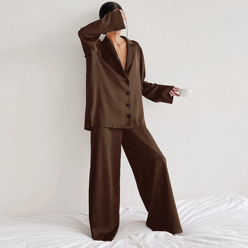 Women's Satin Wide Leg Pyjama Set | Button-Up Lounge Set
