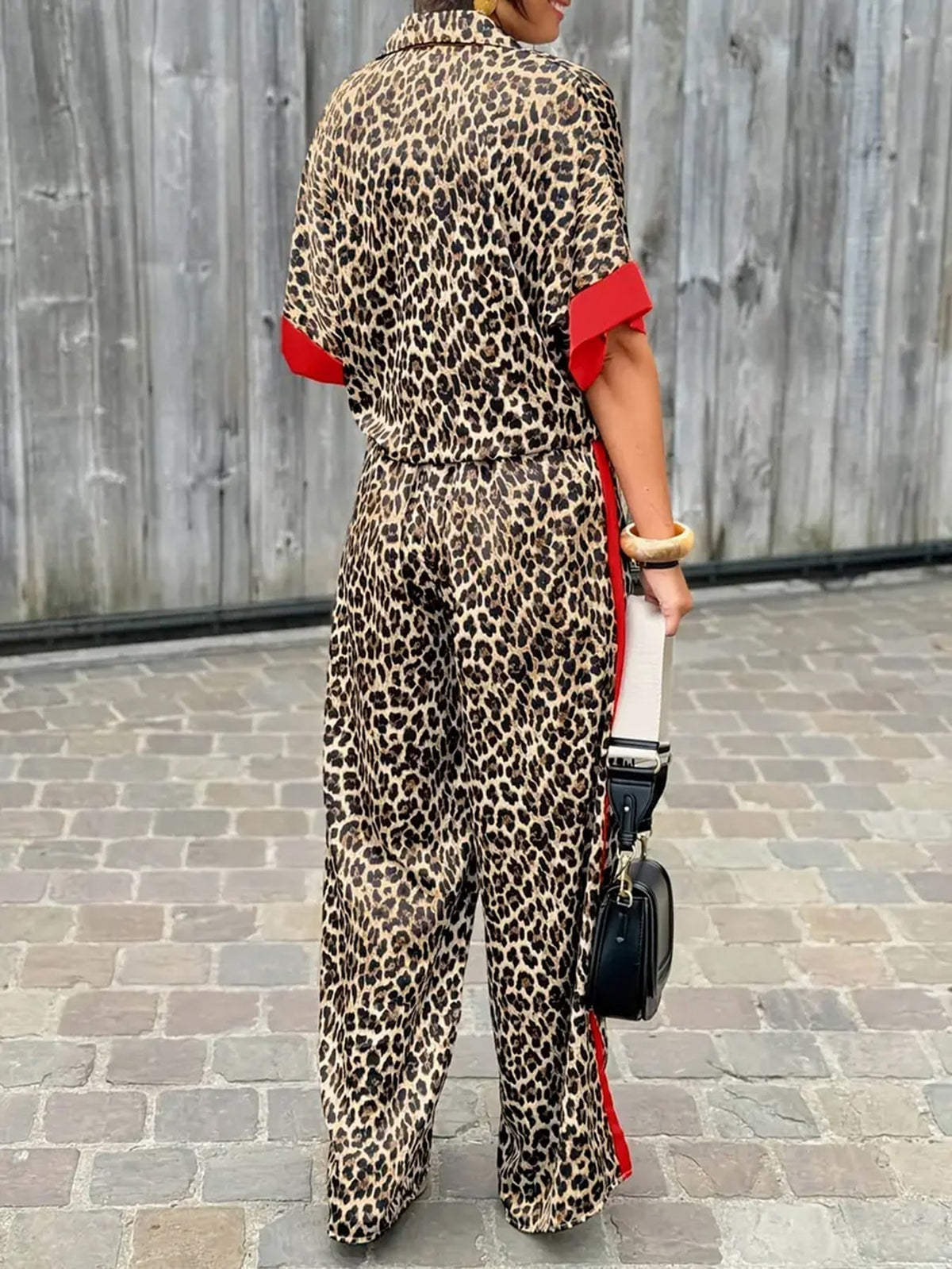 Women’s Printed Short Sleeve Button-Up Shirt and Wide Leg Trouser Set – Relaxed Two-Piece Summer Outfit for Casual City Wear