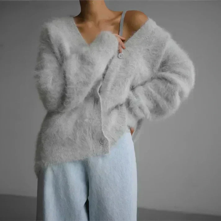 Women's V-Neck Button-Front Cardigan with Drop Shoulders