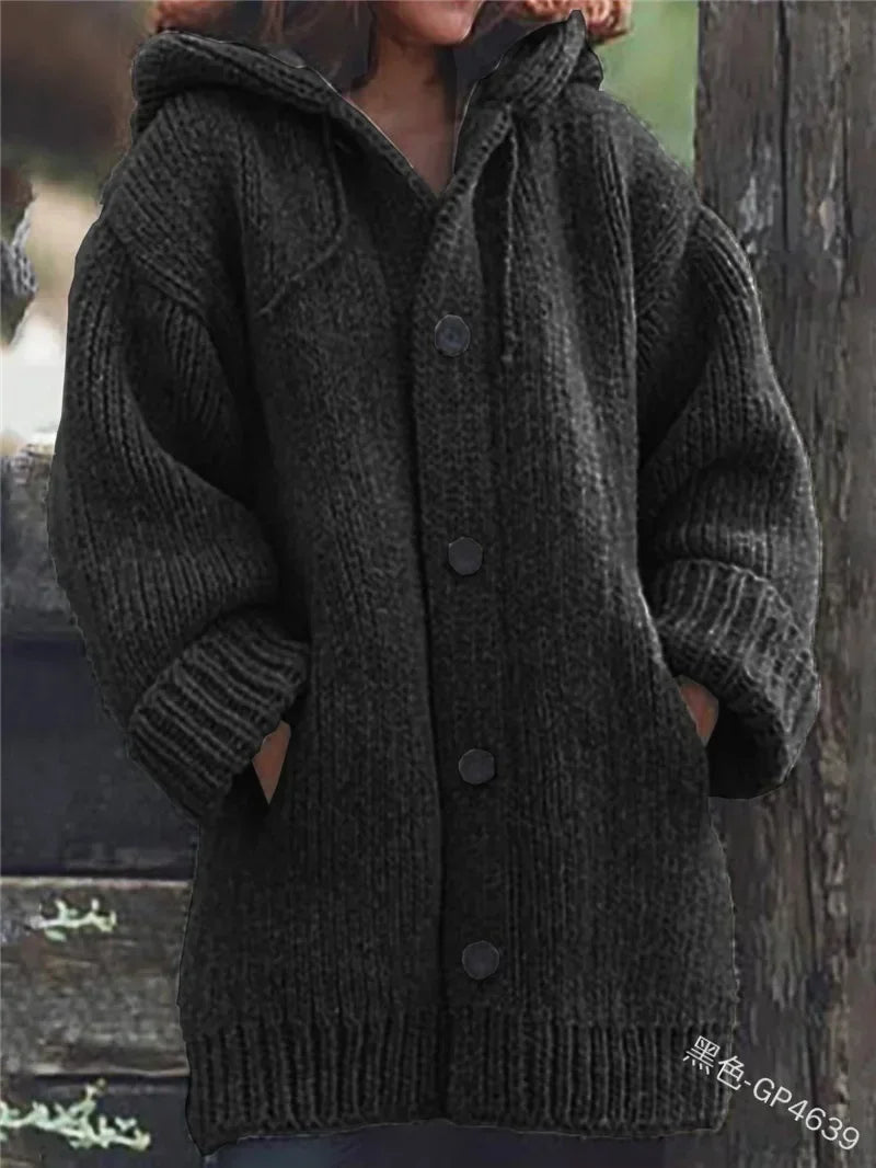 Women's Chunky Knit Hooded Cardigan with Oversized Collar and Large Button Front – Relaxed Fit Longline Knitted Sweater with Deep Pockets and Ribbed Cuffs for Cosy Autumn and Winter Everyday Wear