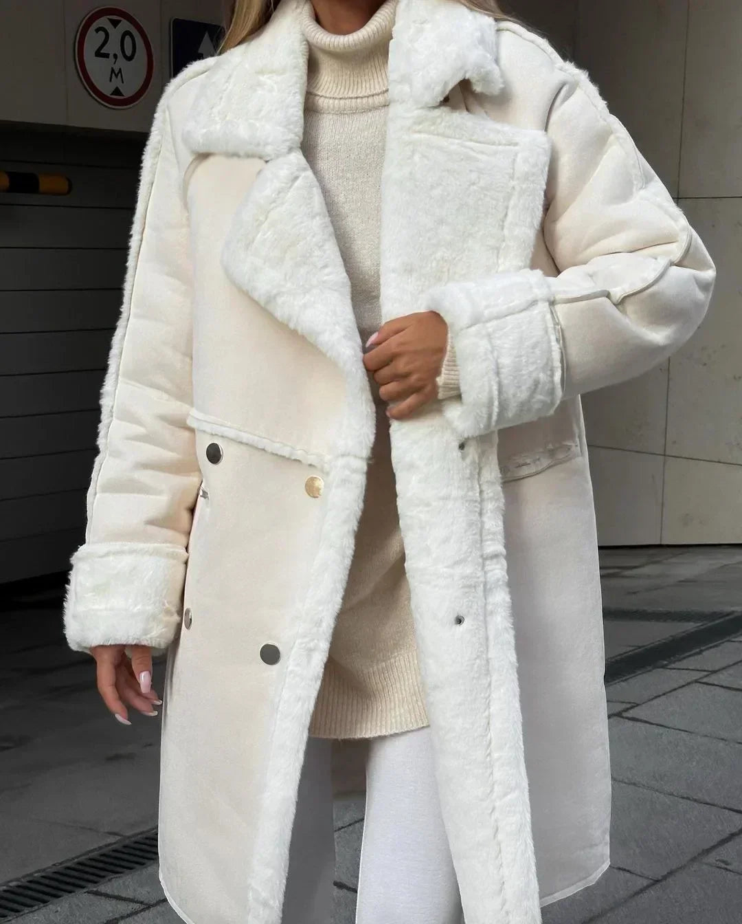 Women's Long Faux Fur Lined Winter Coat with Oversized Lapel Collar and Relaxed Fit – Warm Double-Breasted Shearling Style Overcoat with Long Sleeves for Elegant Autumn and Winter Everyday Wear
