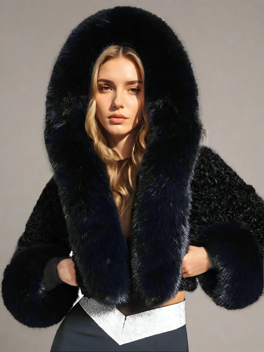Women’s Elegant Cropped Faux Fur Jacket – Plush Oversized Hood with Wide Cuffs for Winter Evening Wear and Special Occasions