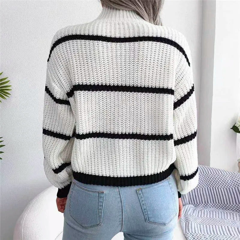 Women’s Striped Knitted Sweater with Ribbed High Neck and Contrast Cuffs – Relaxed Fit Chunky Knitwear for Casual Autumn and Winter Dressing