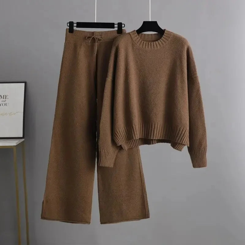 Women's Ribbed Knit Two-Piece Set Round Neck Jumper