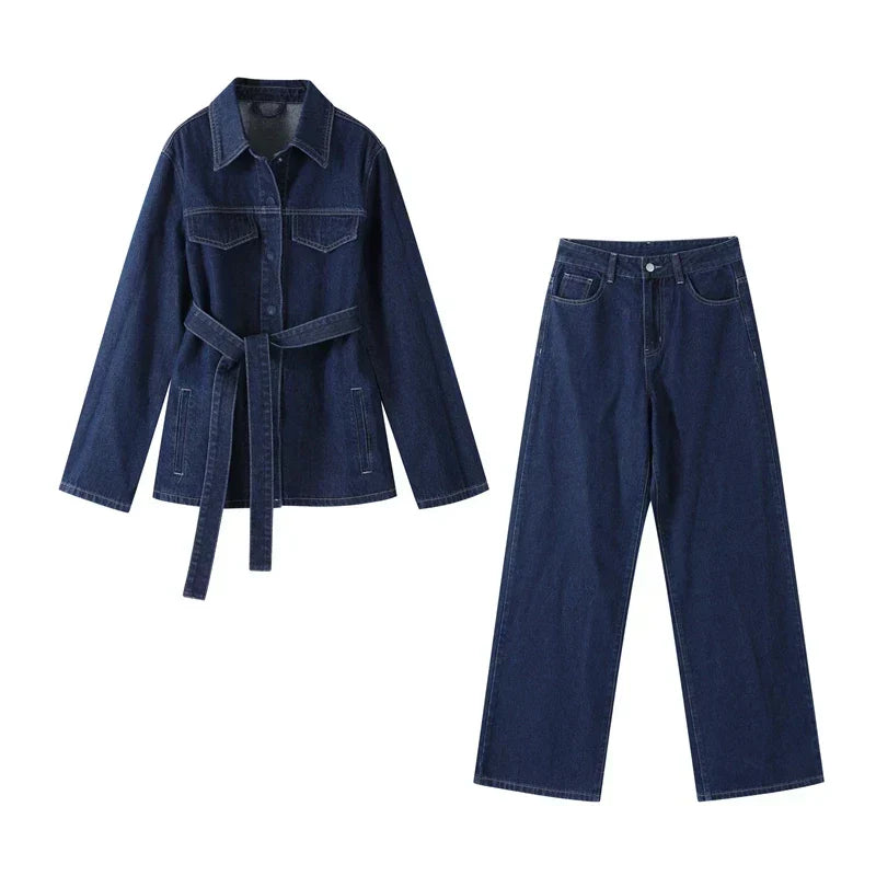 Women's Belted Denim Jacket and Wide-Leg Trousers Set – Relaxed Utility Style for Everyday Casual Wear