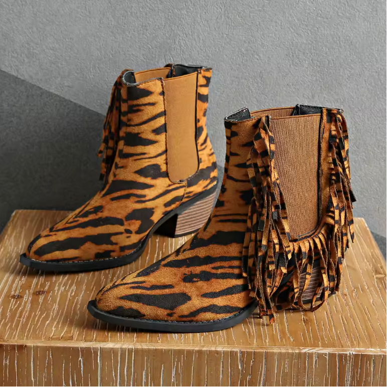 Helena | Animal Print Fringe Detail Ankle Boots