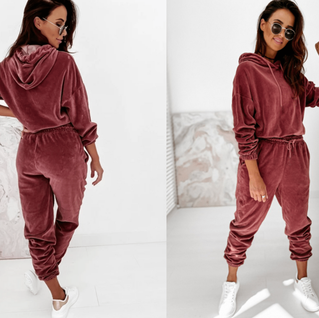 Women's Velour Hoodie and Joggers Set with Drawstring