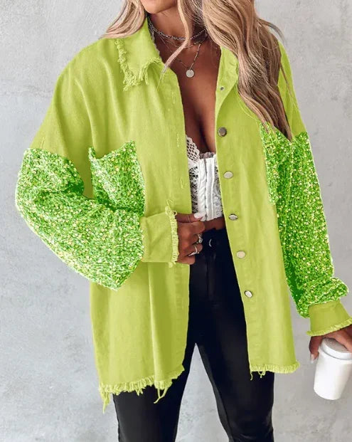 Women's Sequin Embellished Overshirt Jacket with Statement Long Sleeves and Frayed Edges – Relaxed Fit Button-Front Casual Shacket with Sparkling Details for Parties and Evening Outfits
