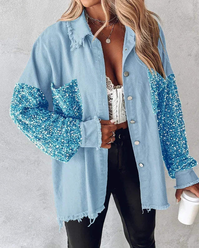Women's Sequin Embellished Overshirt Jacket with Statement Long Sleeves and Frayed Edges – Relaxed Fit Button-Front Casual Shacket with Sparkling Details for Parties and Evening Outfits