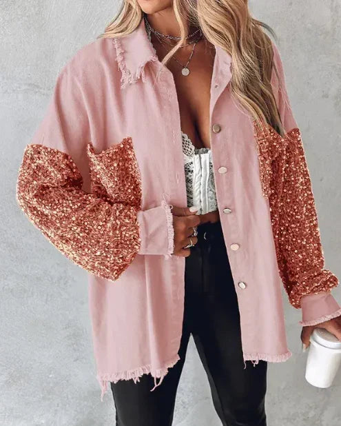 Women’s Sequin Overshirt Jacket with Frayed Edges – Relaxed Button-Front Style for Casual and Evening Outfits