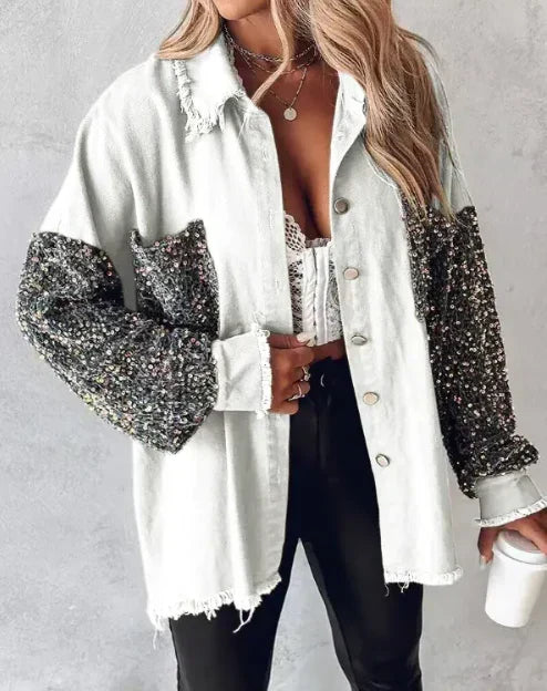 Women's Sequin Embellished Overshirt Jacket with Statement Long Sleeves and Frayed Edges – Relaxed Fit Button-Front Casual Shacket with Sparkling Details for Parties and Evening Outfits