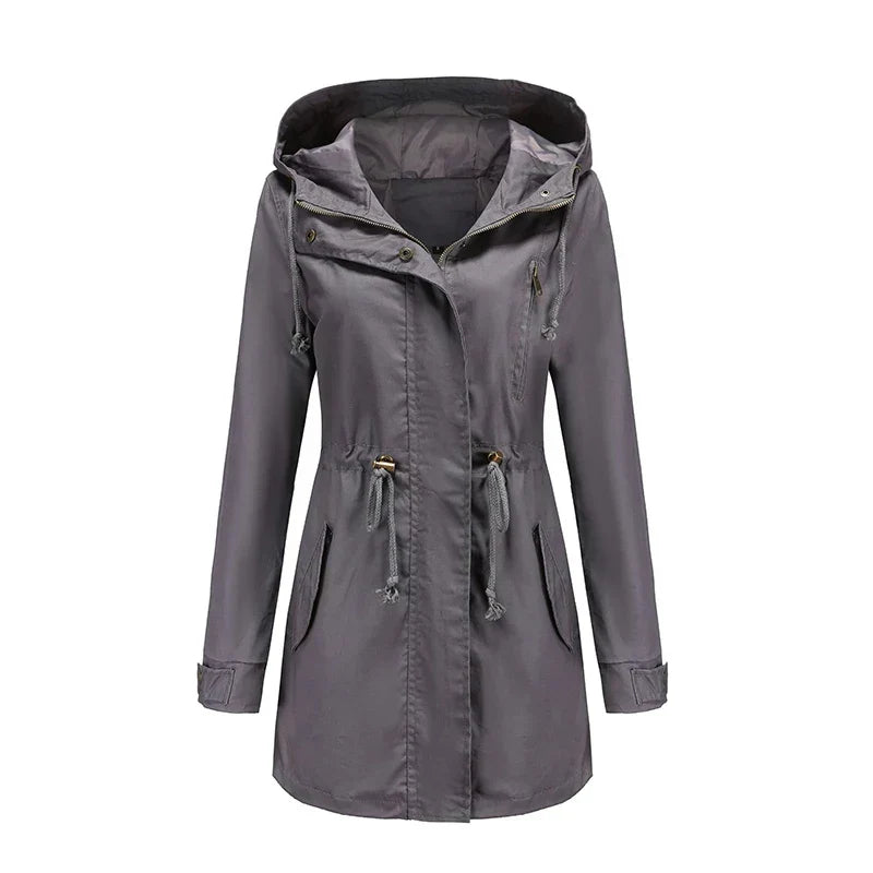 Women's Lightweight Hooded Parka Jacket with Adjustable Drawstring Waist and High Neck – Relaxed Fit Long Sleeve Utility Outerwear with Front Pockets for Casual Spring and Autumn Everyday Wear