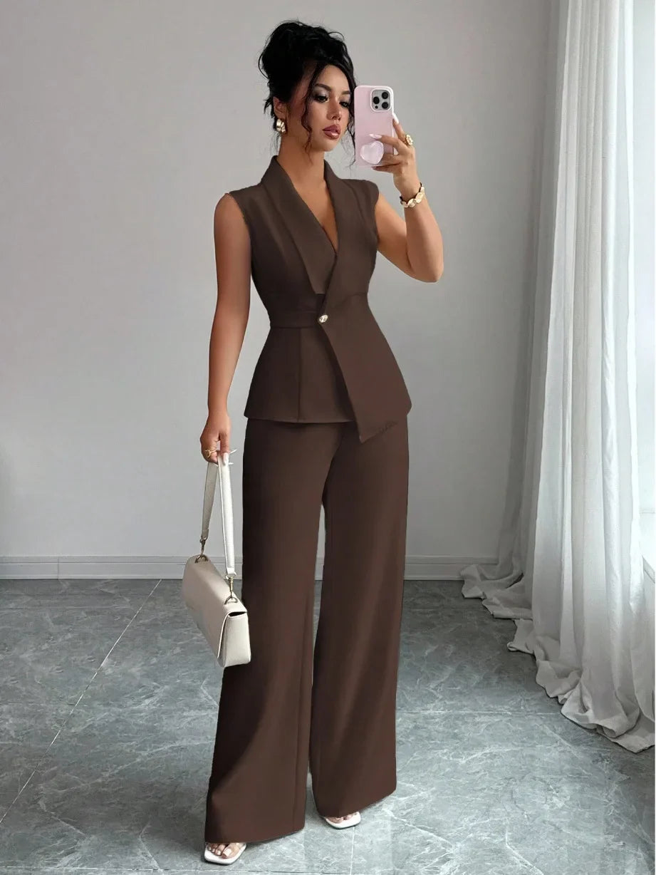 Women's Two Piece Sleeveless Wide Leg Pants Set