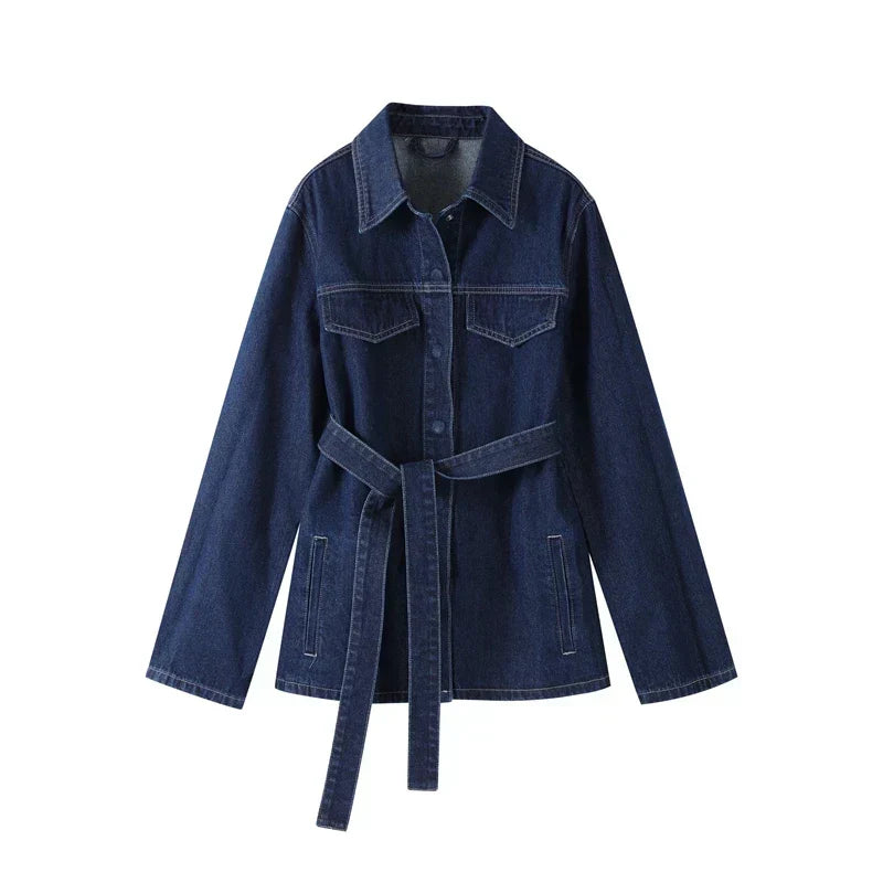 Women's Belted Denim Jacket and Wide-Leg Trousers Set – Relaxed Utility Style for Everyday Casual Wear