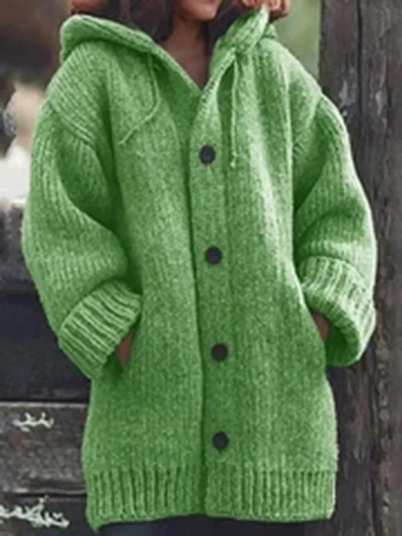 Women's Chunky Knit Hooded Cardigan with Oversized Collar and Large Button Front – Relaxed Fit Longline Knitted Sweater with Deep Pockets and Ribbed Cuffs for Cosy Autumn and Winter Everyday Wear