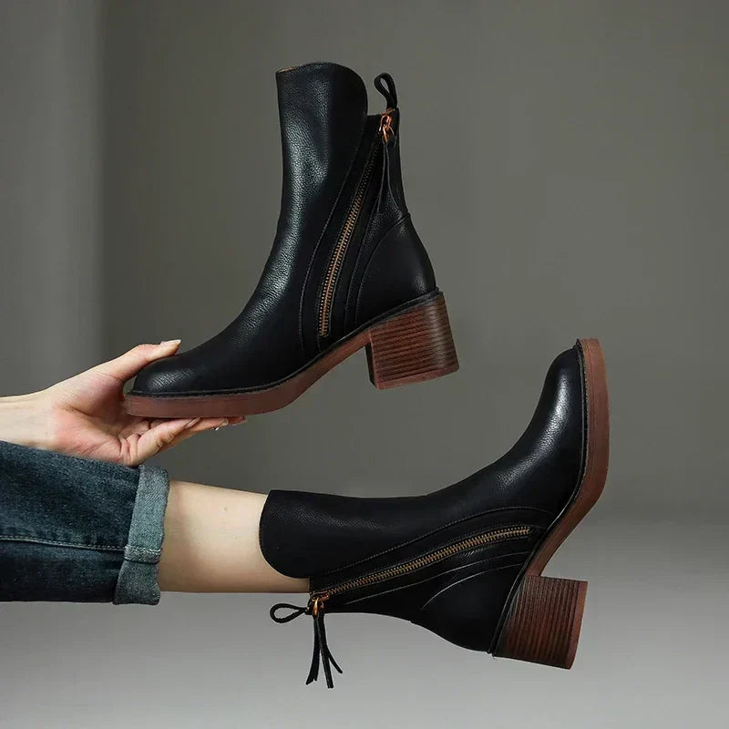 Women's Block Heel Ankle Boots | Tan Leather Finish