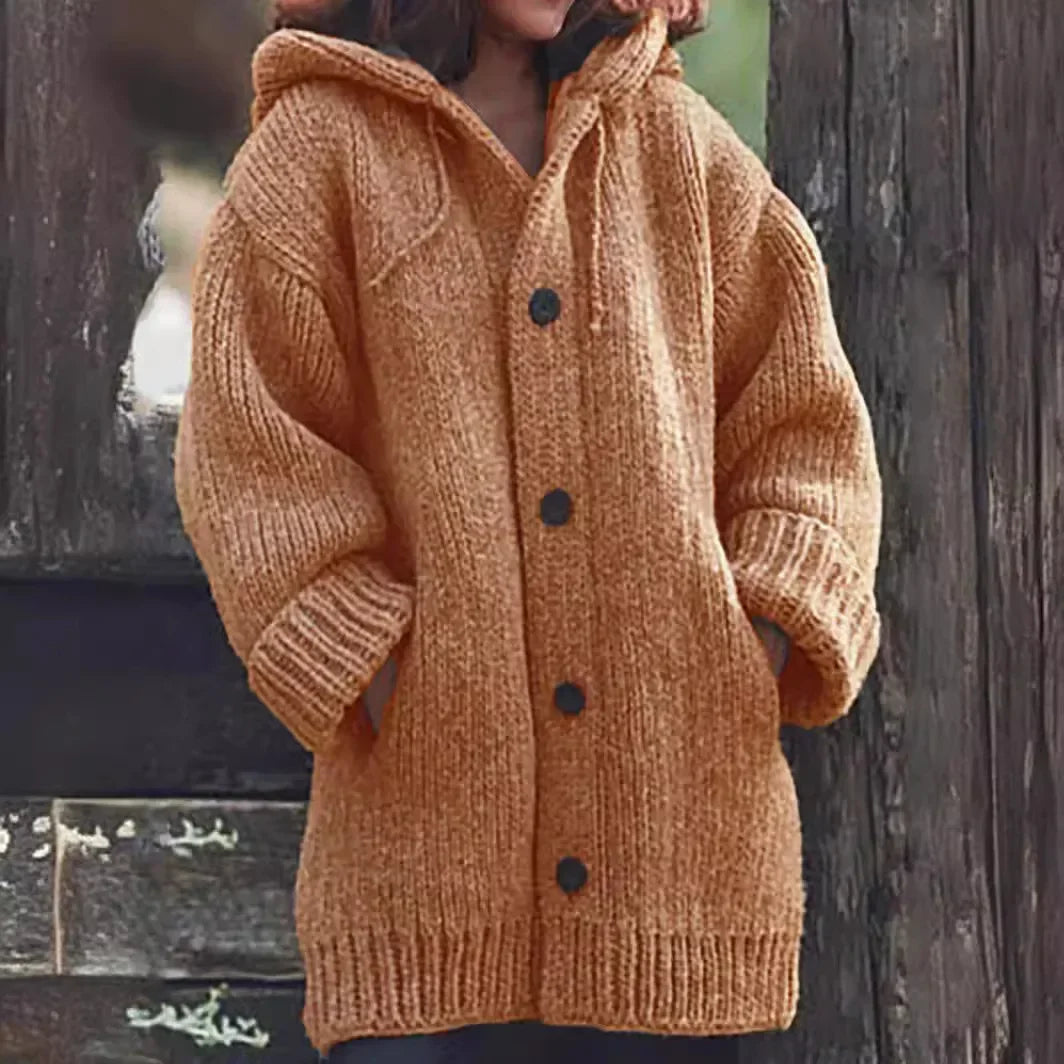 Women's Chunky Knit Hooded Cardigan with Oversized Collar and Large Button Front – Relaxed Fit Longline Knitted Sweater with Deep Pockets and Ribbed Cuffs for Cosy Autumn and Winter Everyday Wear