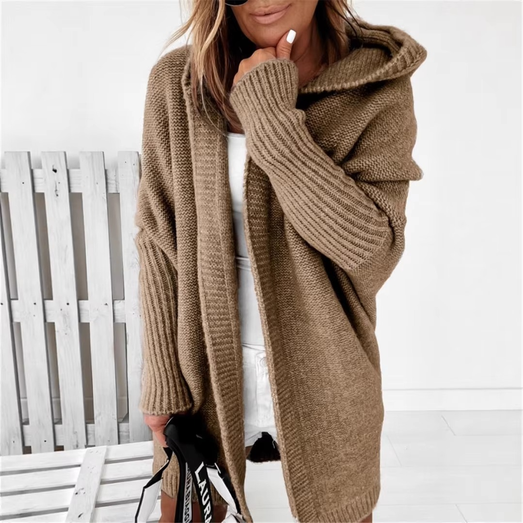 Women's Knit Hooded Cardigan with Batwing Sleeves