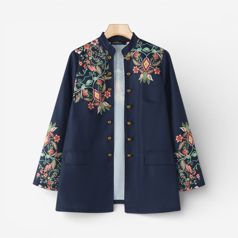 Women's Floral Print Longline Jacket with Decorative Buttons – Relaxed Mandarin Collar Lightweight Jacket with Flap Pocket Details for Spring and Autumn