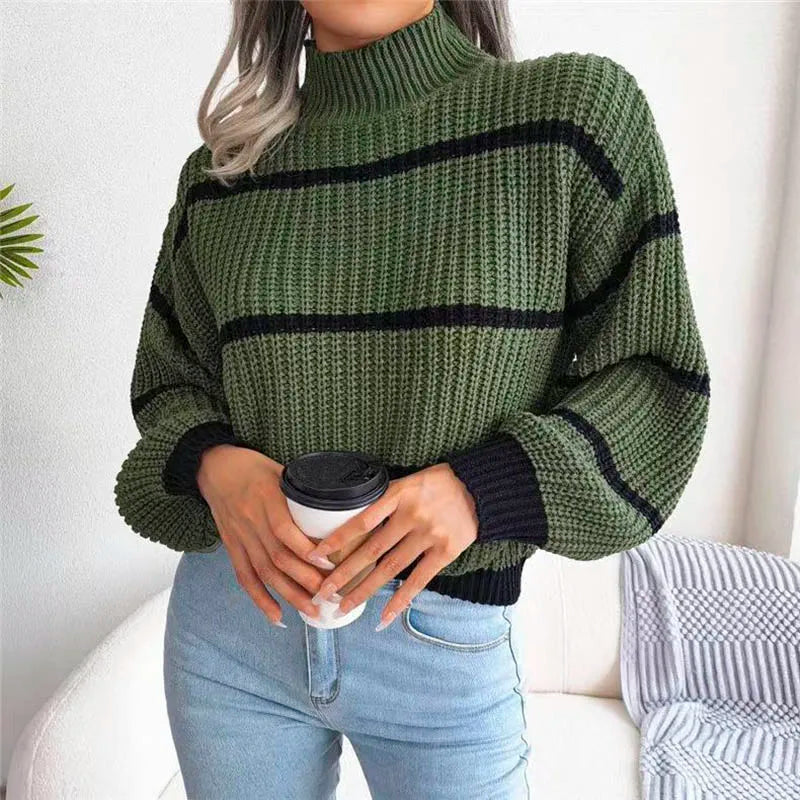 Women’s Striped Knitted Sweater with Ribbed High Neck and Contrast Cuffs – Relaxed Fit Chunky Knitwear for Casual Autumn and Winter Dressing