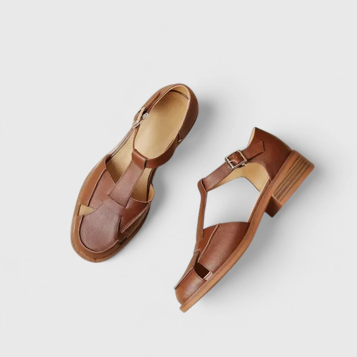 Women's T-Strap Sandals with Buckle and Low Stacked Heel