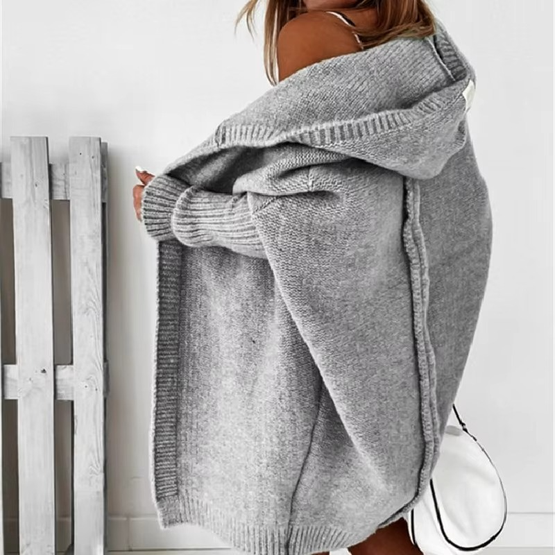 Women's Knit Hooded Cardigan with Batwing Sleeves