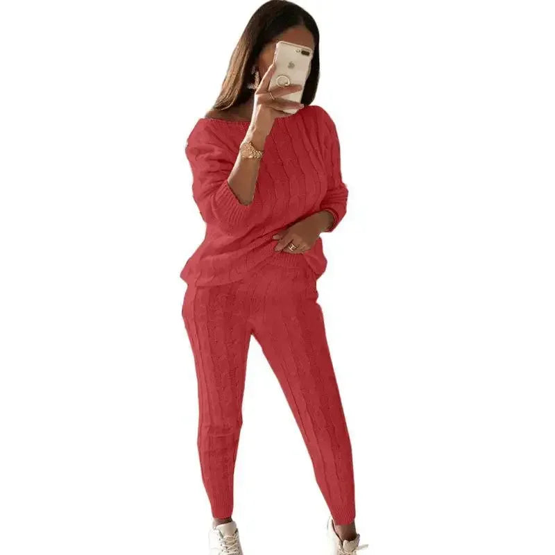 Women’s Cable Knit Jumper and Jogger Set with Wide Neckline – Relaxed Two-Piece Lounge Outfit with Cuffed Trousers for Autumn and Winter