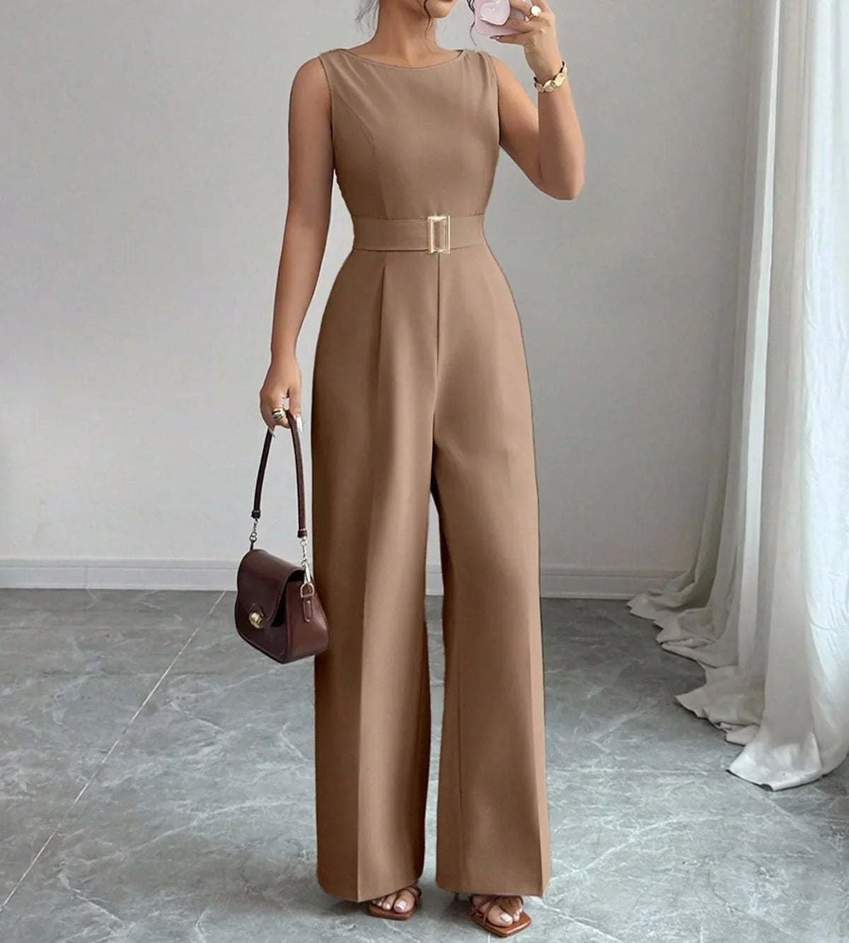 Women's Sleeveless Wide Leg Belted Jumpsuit
