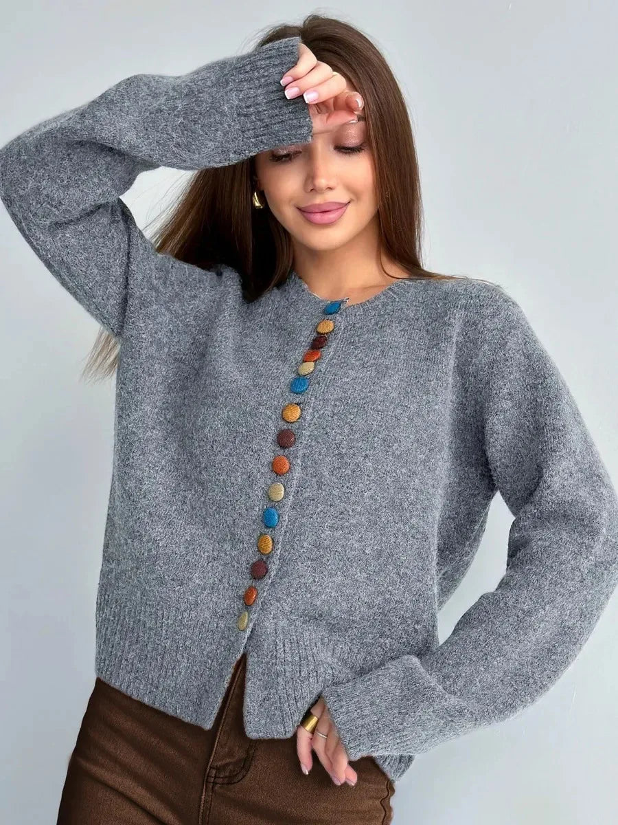 Lisette | Long Sleeve Round Neck Rainbow Button Cardigan