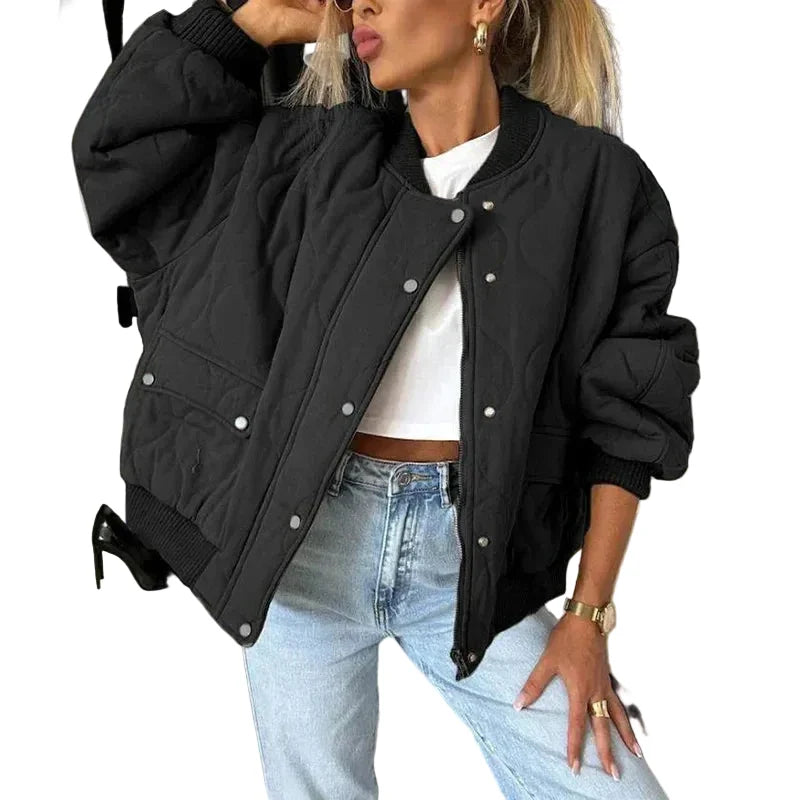 Women's Quilted Bomber Jacket with Ribbed Collar and Elasticated Cuffs – Relaxed Fit Short Padded Autumn Jacket for Casual Everyday Streetwear and Comfortable Seasonal Layering