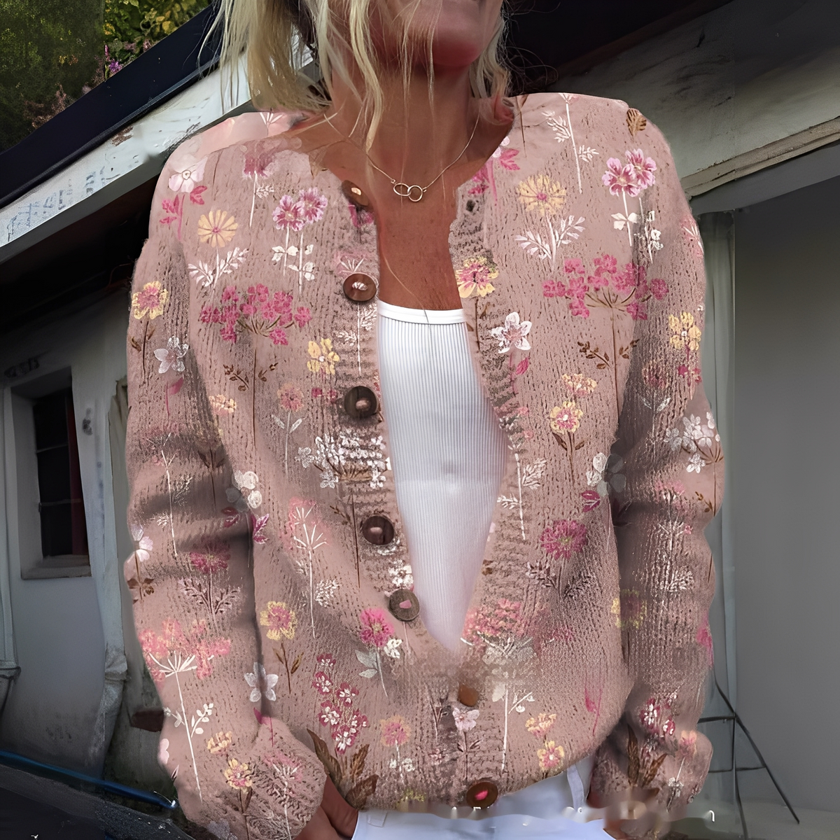 Women’s Soft Textured Printed Button Front Cardigan – Cosy Relaxed Knit Layer for Autumn and Winter