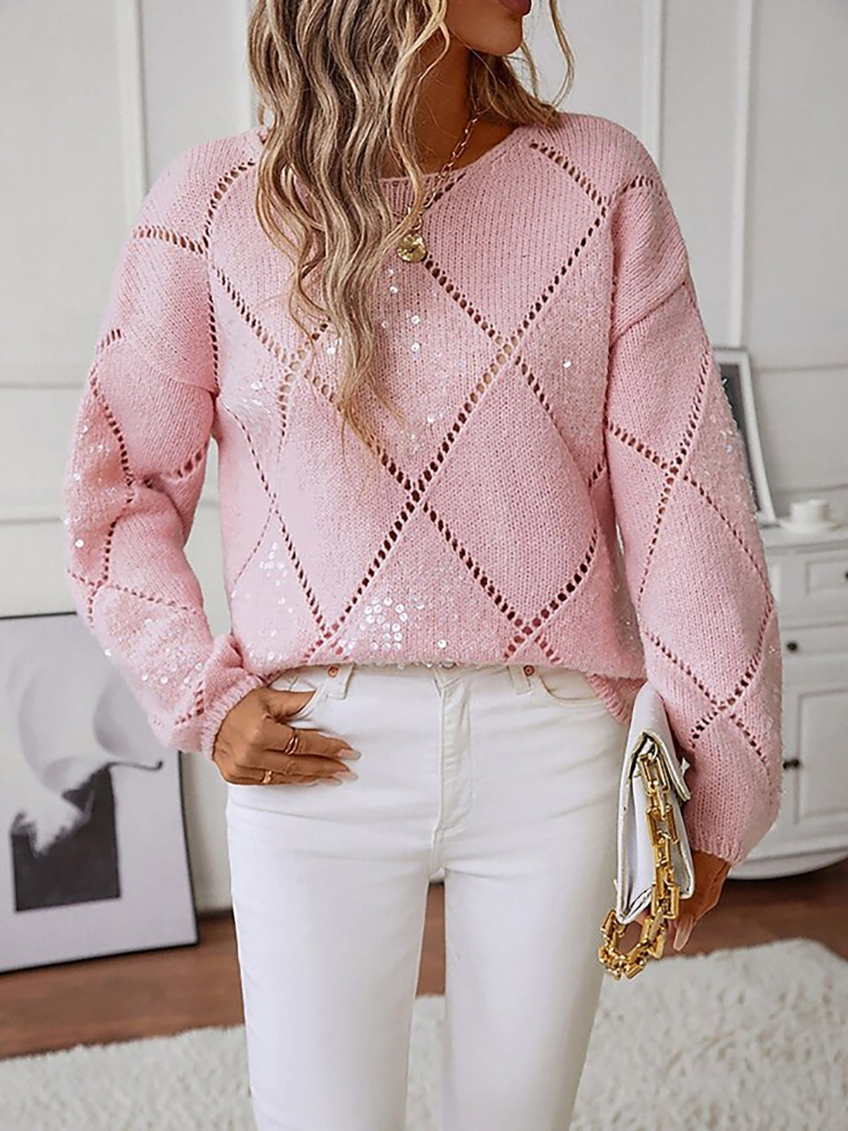Truly Sequin Diamond Puff Sleeve Sweater
