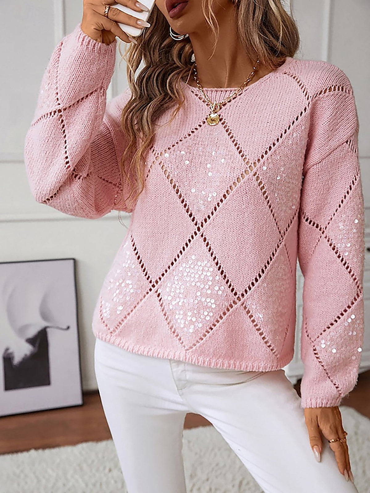 Truly Sequin Diamond Puff Sleeve Sweater