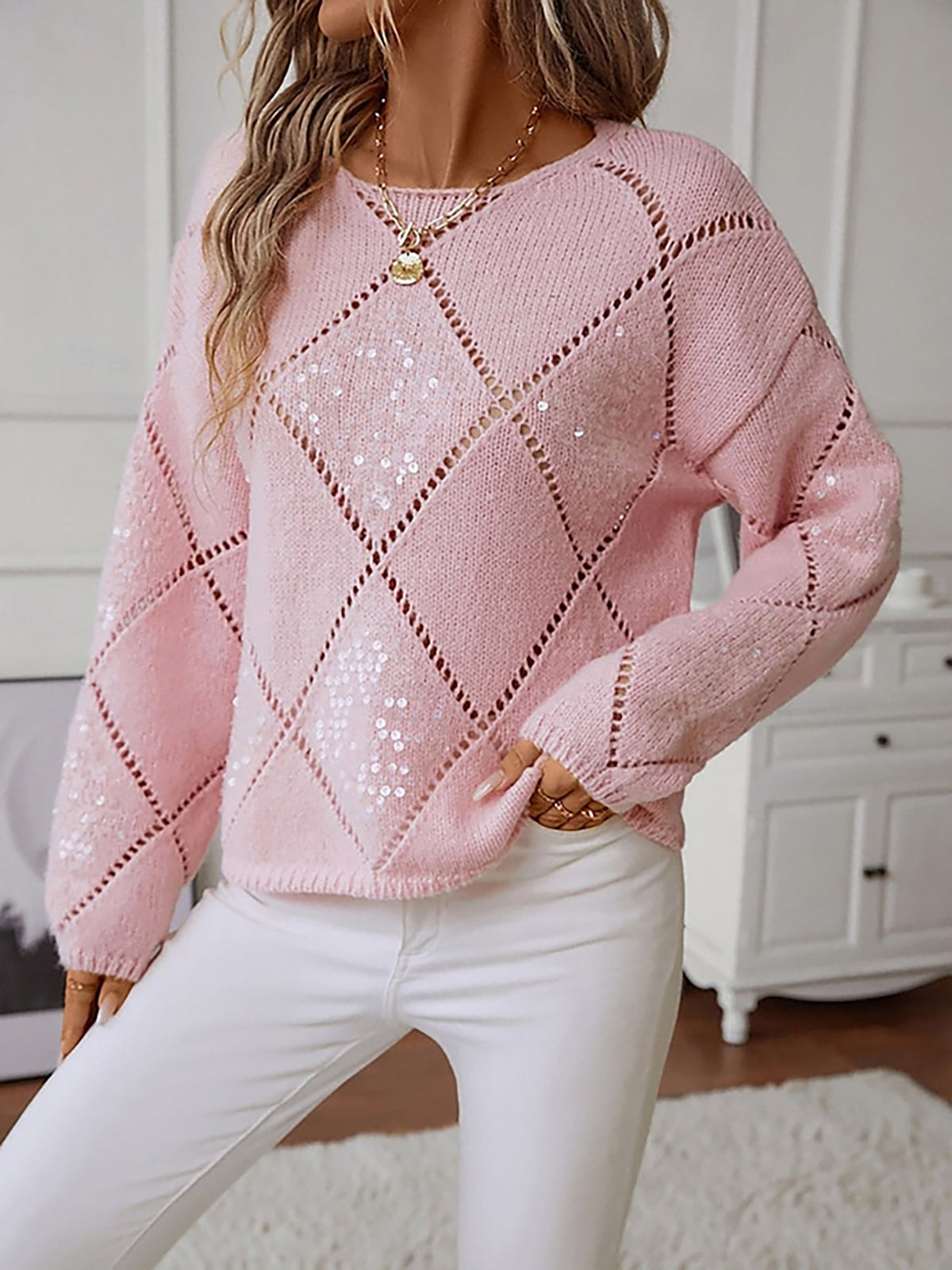 Truly Sequin Diamond Puff Sleeve Sweater