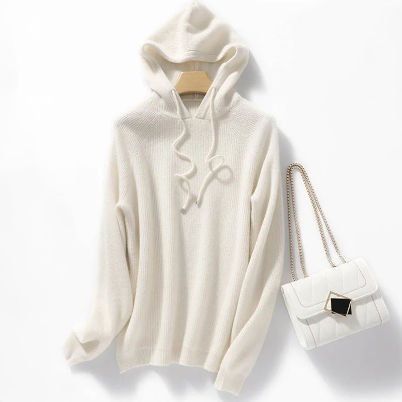 Alona Women's Relaxed Fit Ribbed Knit Hoodie – Soft Wool Blend Sweater