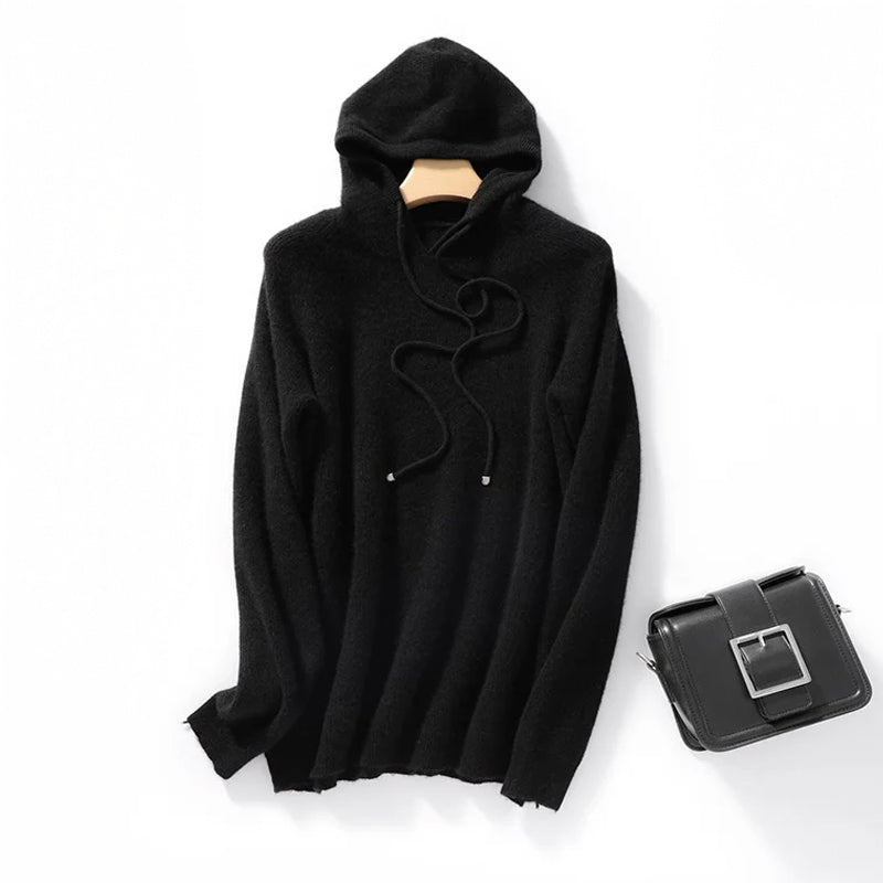 Alona Women's Relaxed Fit Ribbed Knit Hoodie – Soft Wool Blend Sweater