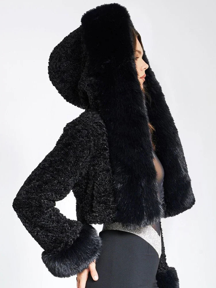 Women’s Elegant Cropped Faux Fur Jacket – Plush Oversized Hood with Wide Cuffs for Winter Evening Wear and Special Occasions